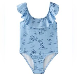 Zara Blue Beach Print Ruffle Kids Swimsuit